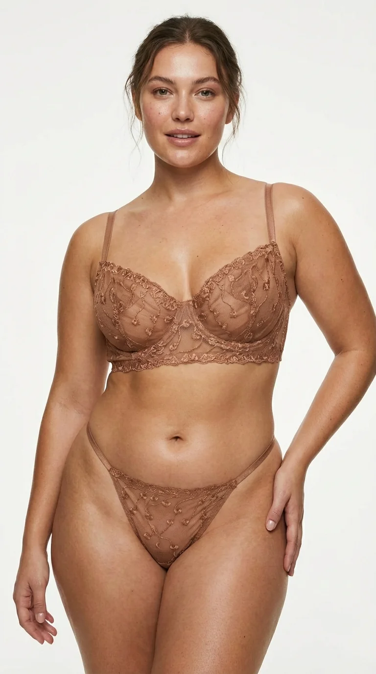 LunaIntim Nude Transparan Tül Sütyen Takımı Çiçek İşlemeli ve Balenli Modern Set - Çiçek İşleme ve Tül Detayı